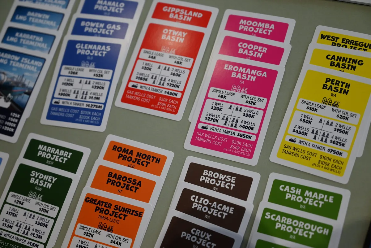 A close up of the cards used for the board game Gas Tycoon.
