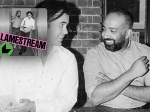 Black and white photo collage of Osman Faruqi and Scott Mitchell and the Lamestream logo