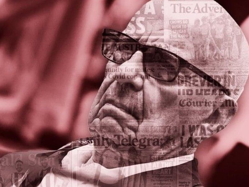 A photo of Rupert Murdoch with the Murdoch press newspaper mastheads superimposed on his face